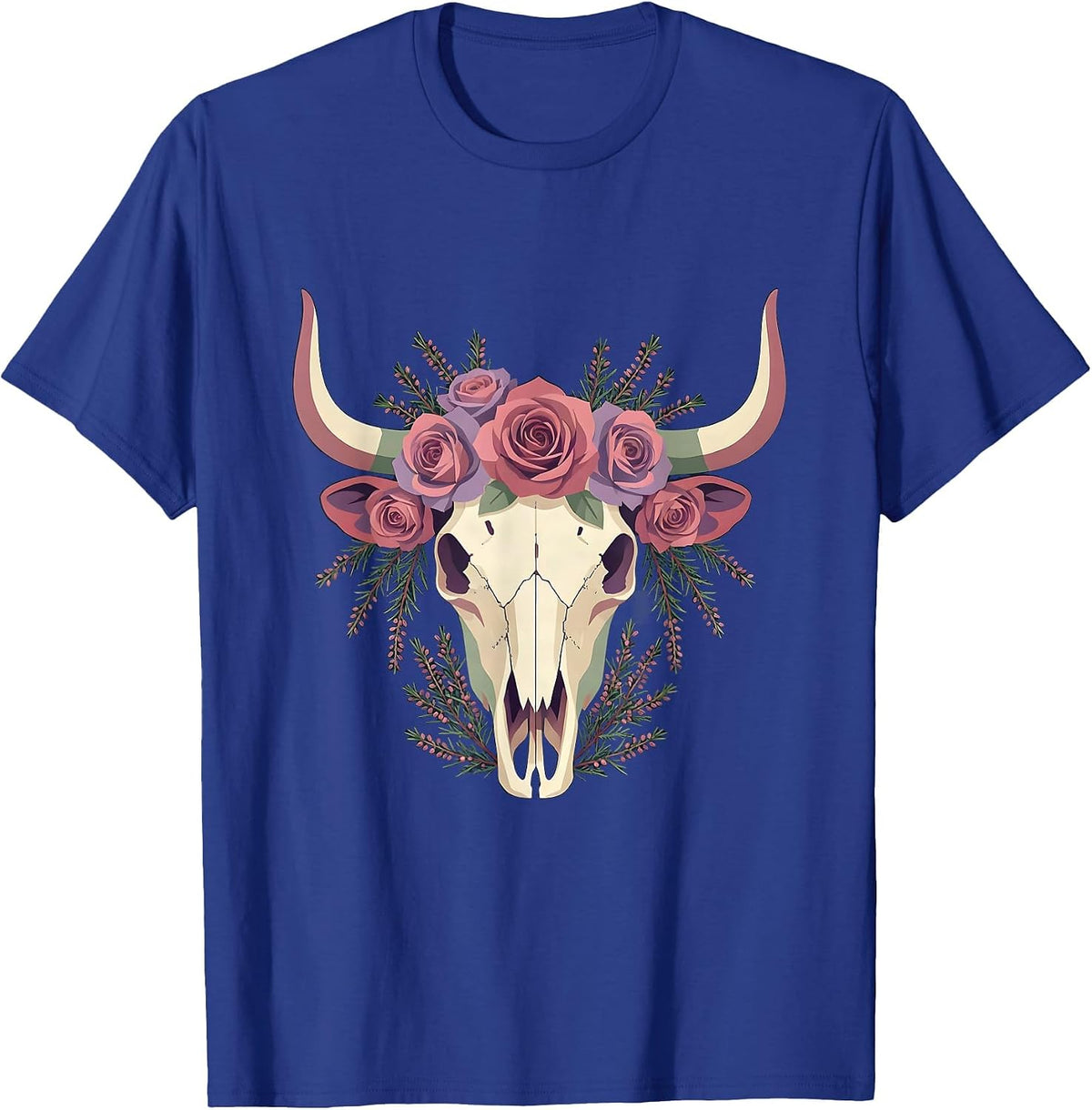 Highland Cow Skull Roses and Heather Graphic T-Shirt - Royal Blue