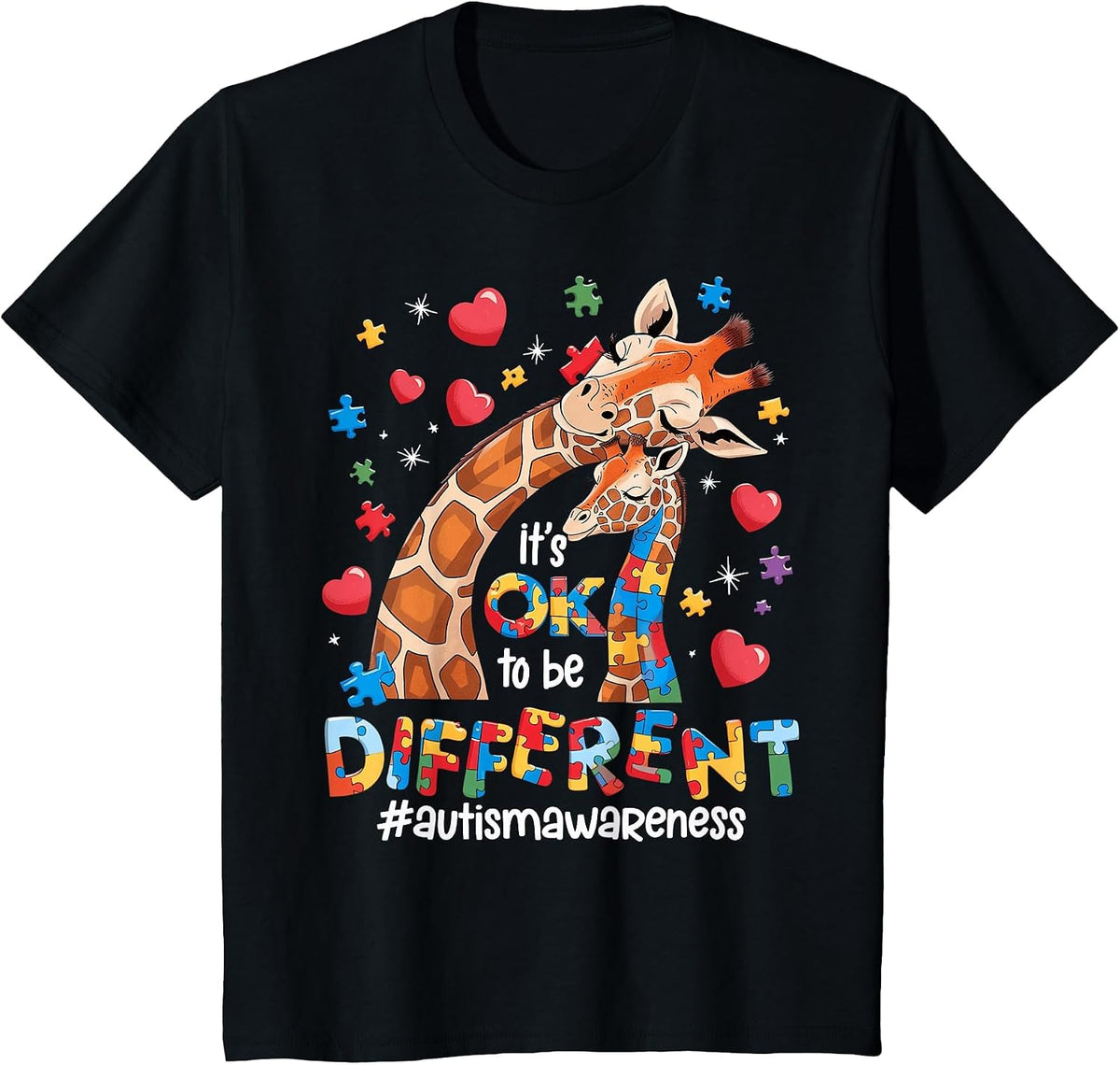 It's OK to Be Different Autism Awareness Cute Giraffe Animal T-Shirt - Black