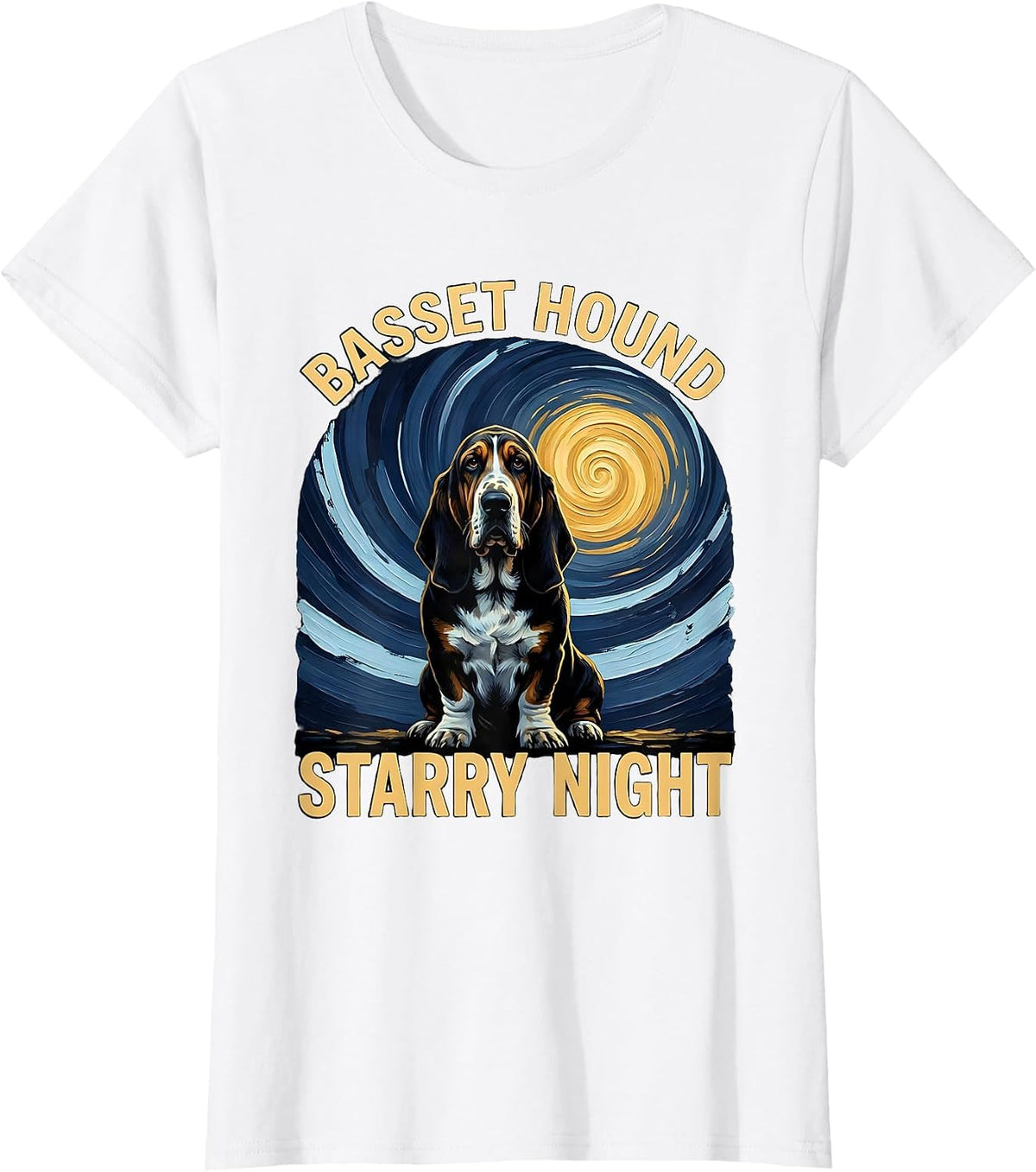 Women's Basset Hound Starry Night Whimsical Pet Lover Van Gogh T-Shirt - White