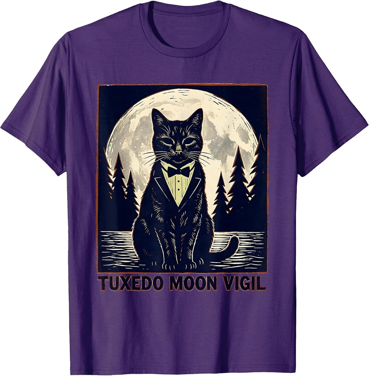 Men's Tuxedo Moon Vigil Linocut 90s Retro Tuxedo Cat Portrait T-Shirt - Purple