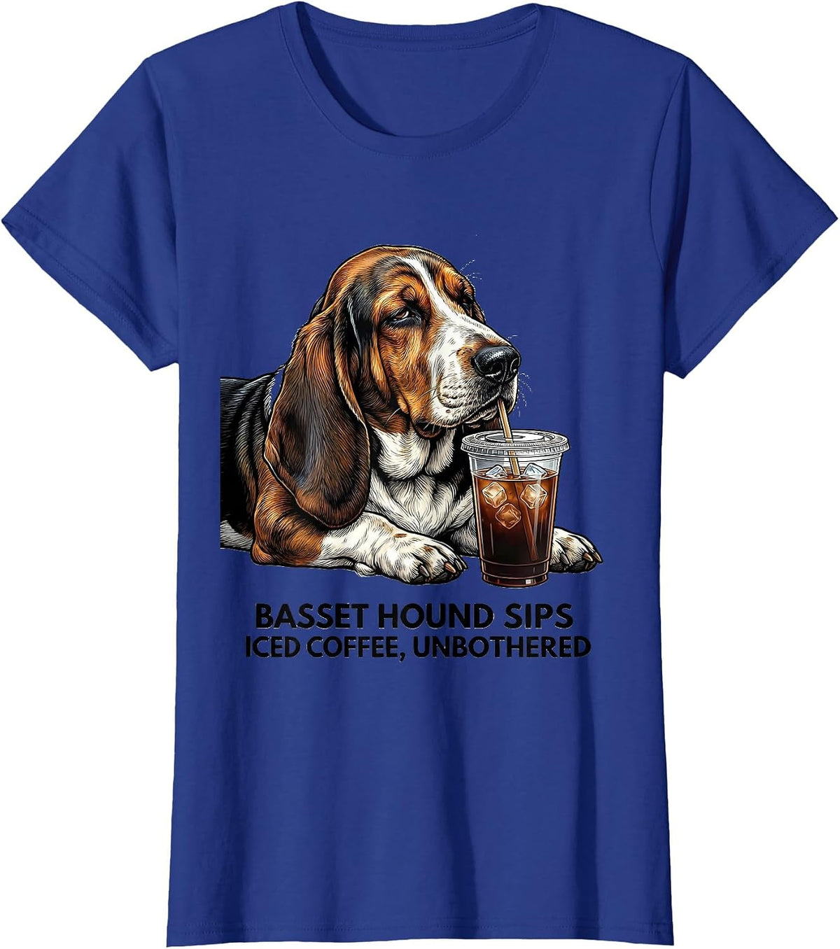 Basset Hound Sips Iced Coffee, Unbothered Funny T-Shirt, Women, Royal Blue, X-Large - As Pictured