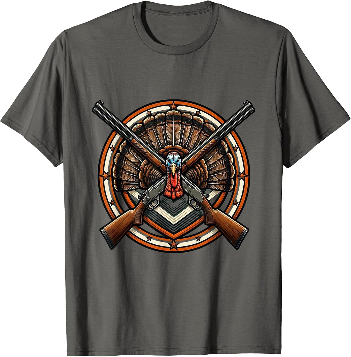 Thanksgiving Hunting Rifle and Turkey Feathers Design T-Shirt - Asphalt Grey