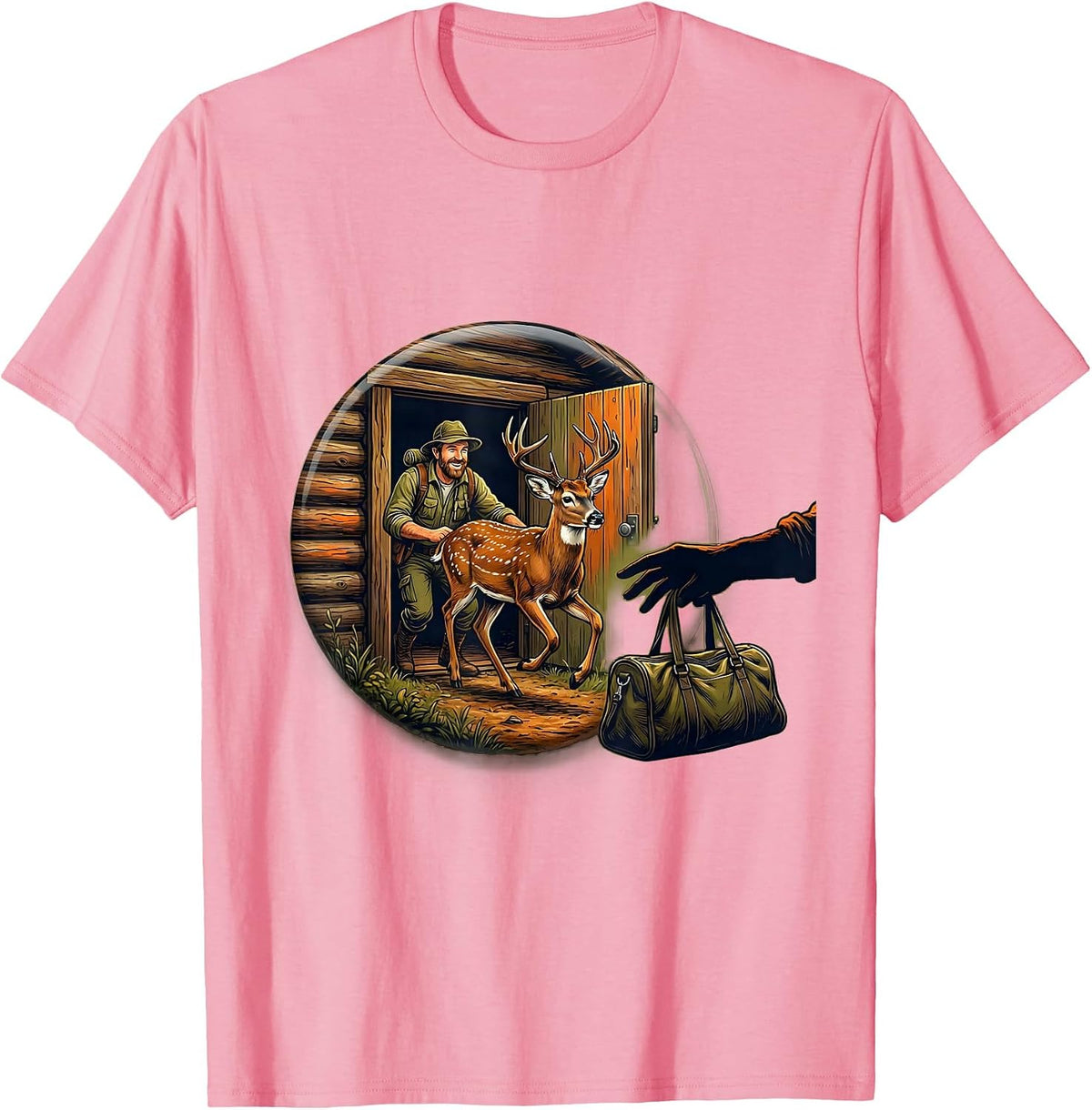 Men's Sealed Hunter Dad Whitetail Buck Cabin Illustration T-Shirt - Pink