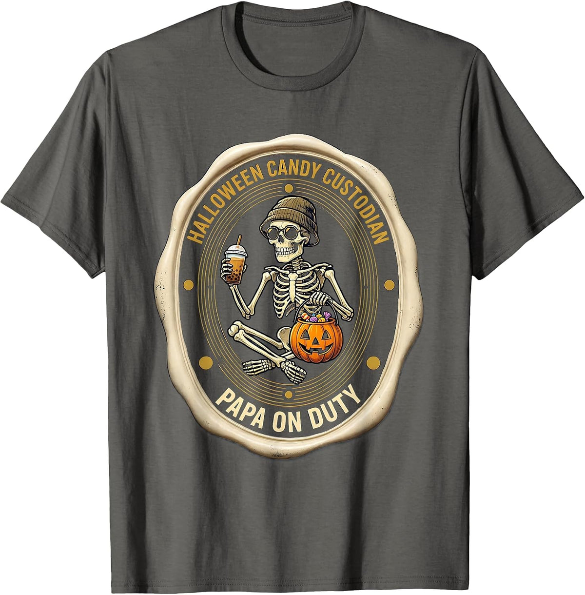Men's Halloween Candy Custodian — Papa On Duty Skeleton T-Shirt - Asphalt Grey