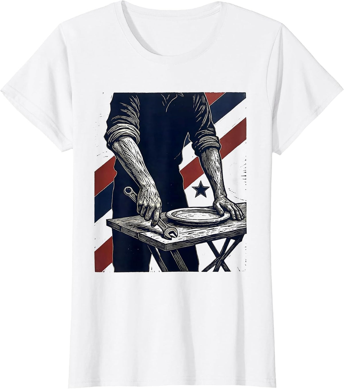 Women's Rolled Sleeve Forearms Linocut Patriotic Labor Day Tribute T-Shirt - White