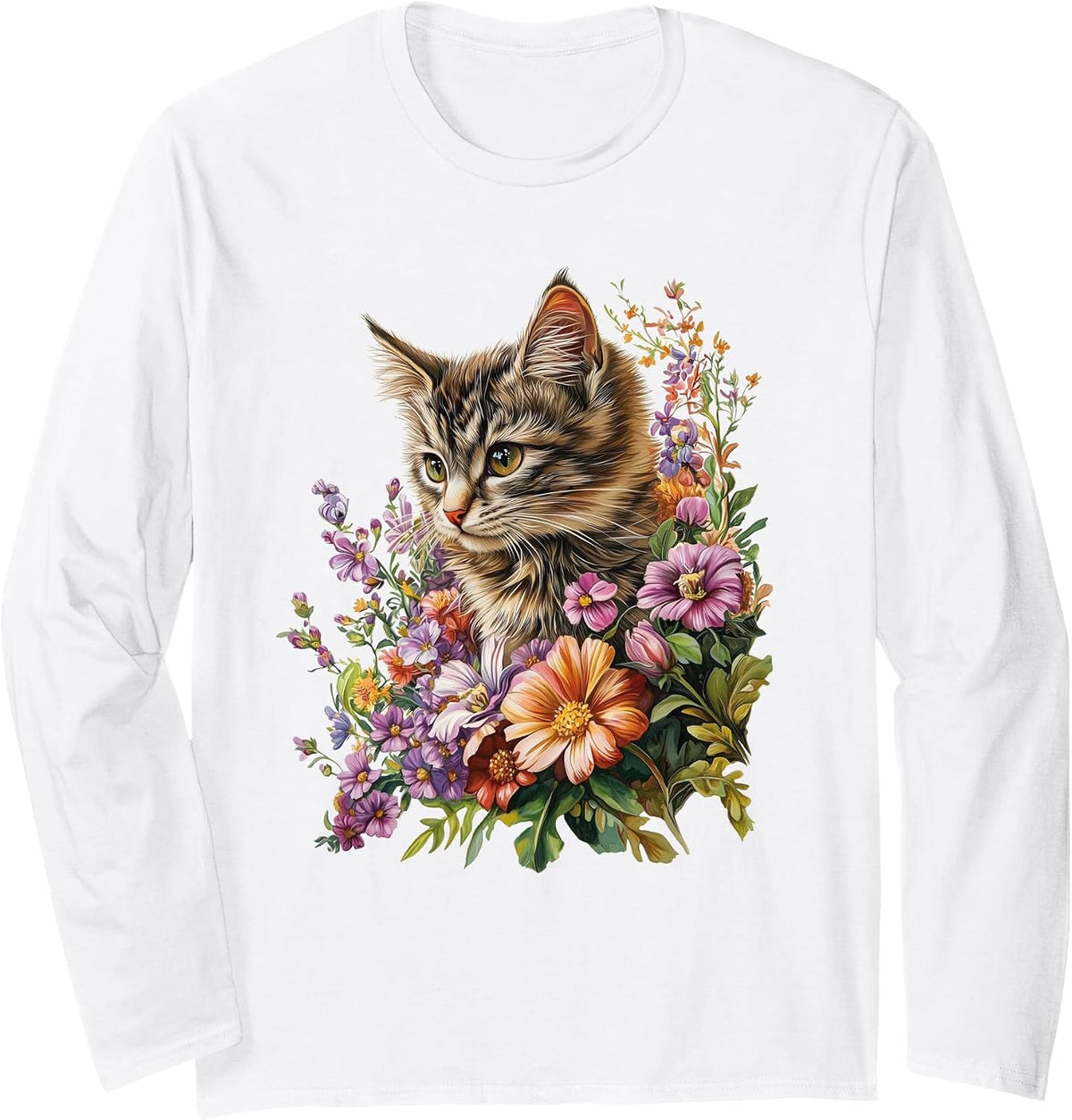 Cat Flower Floral Cute Kitten Graphic Long Sleeve T-Shirt - Adult Unisex White