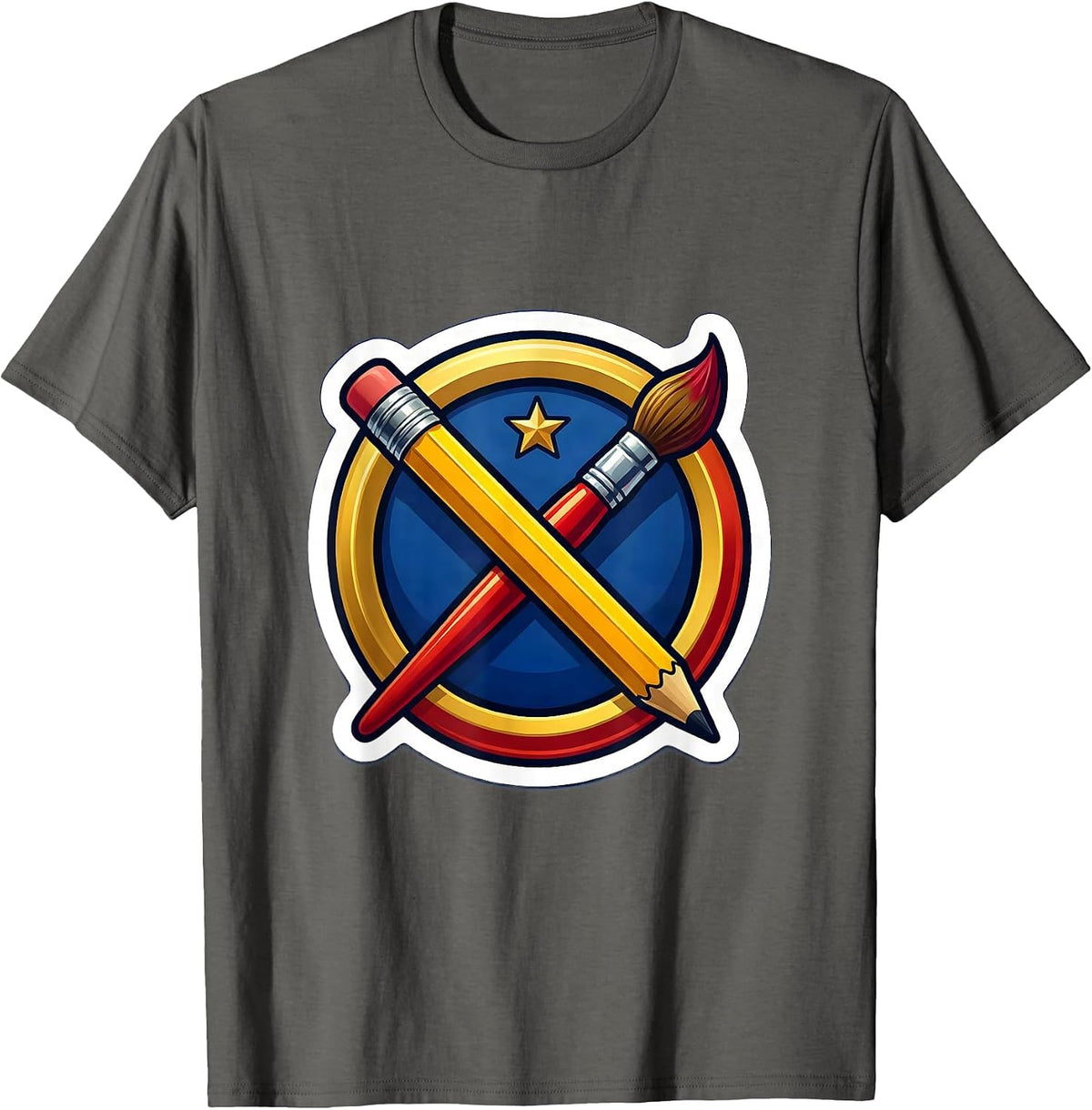 Pencil and Paintbrush Crossed Like Swords Art T-Shirt - Asphalt Grey
