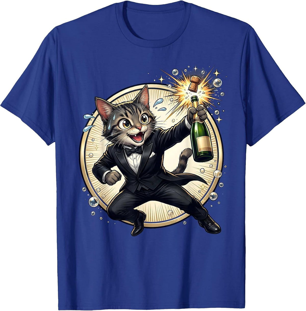 Fancy Cat Champagne Celebration Tuxedo Design T-Shirt - Royal Blue