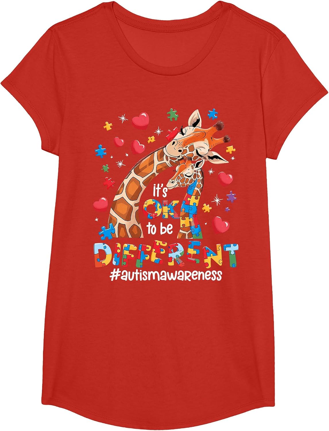 It's OK to Be Different Autism Awareness Cute Giraffe Animal T-Shirt - Girls Red