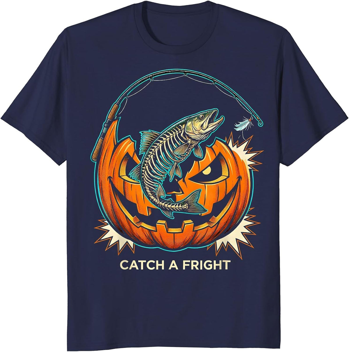 Catch a Fright Pop Art Halloween Fishing Ghost Fly Skeleton T-Shirt - Navy Blue