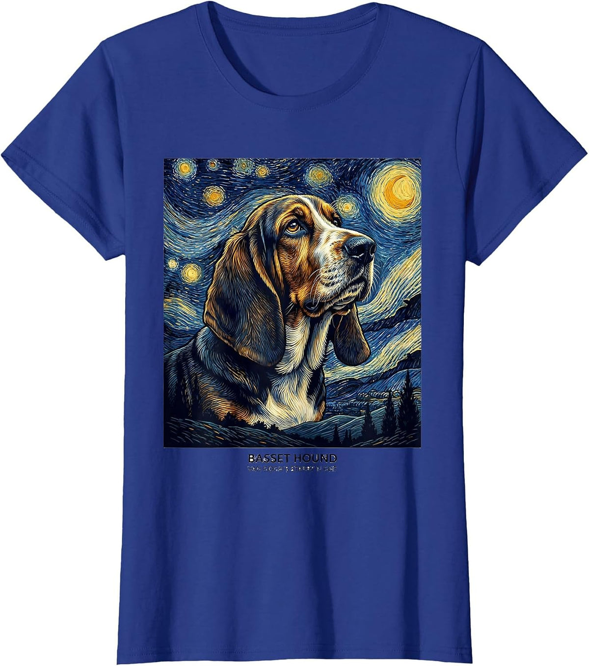 Women's Basset Hound Van Gogh's Starry Night Art Portrait Dog Lover T-Shirt - Royal Blue