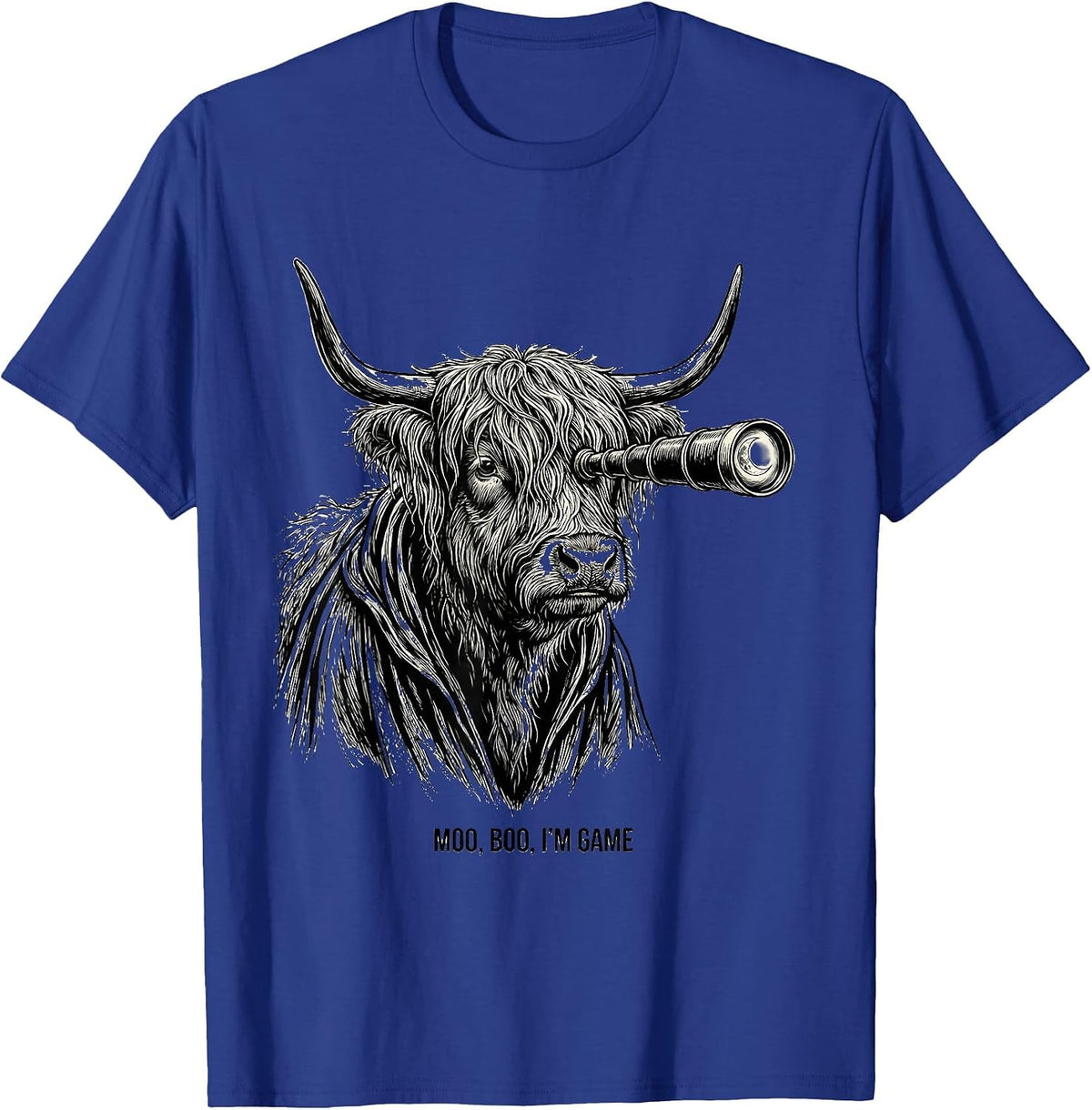 Men's Moo, Boo, I'm Game Funny Highland Cow Halloween Costume T-Shirt - Royal Blue
