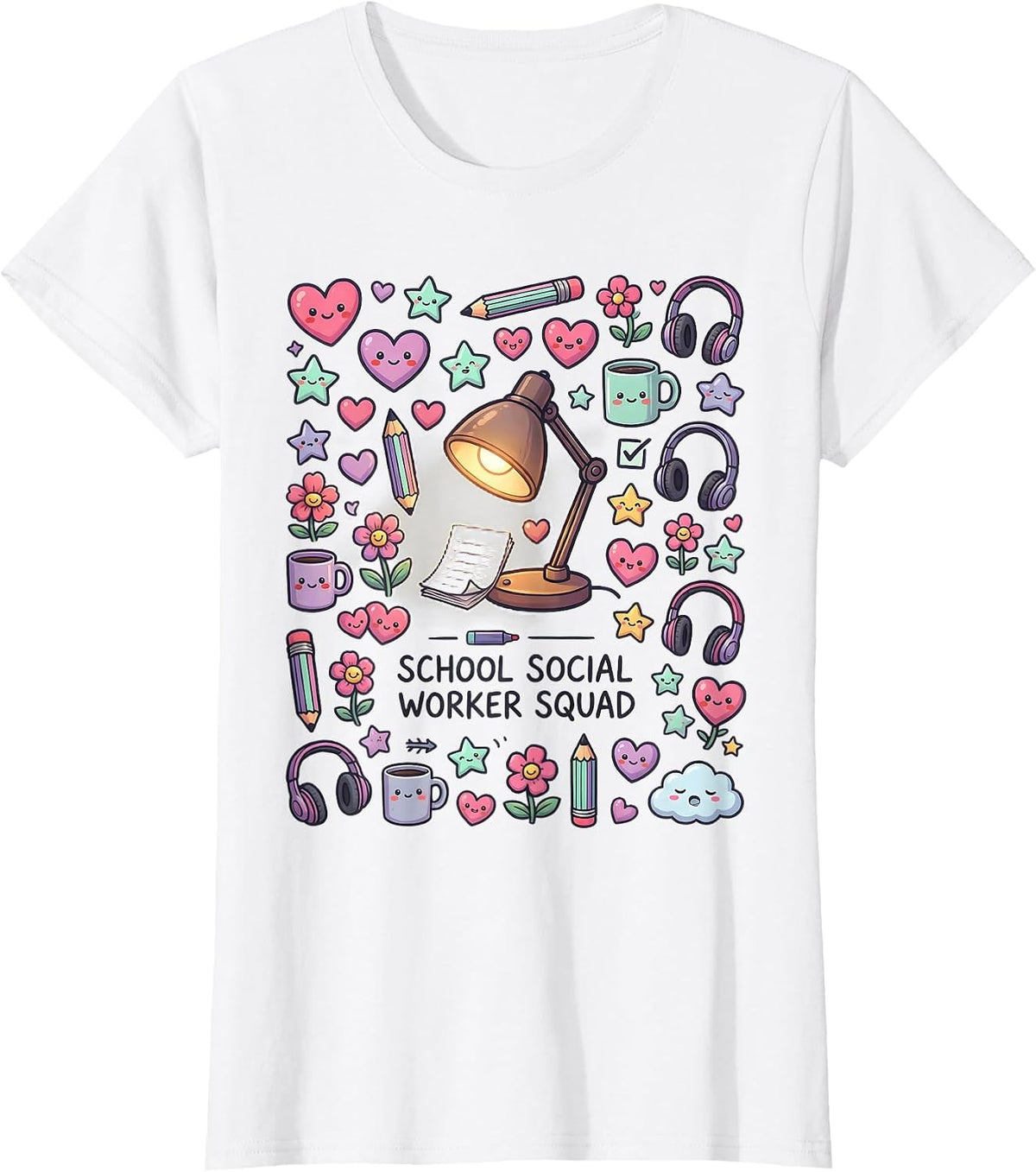 School Social Worker Squad Kawaii Stationery Doodle Staff T-Shirt - White