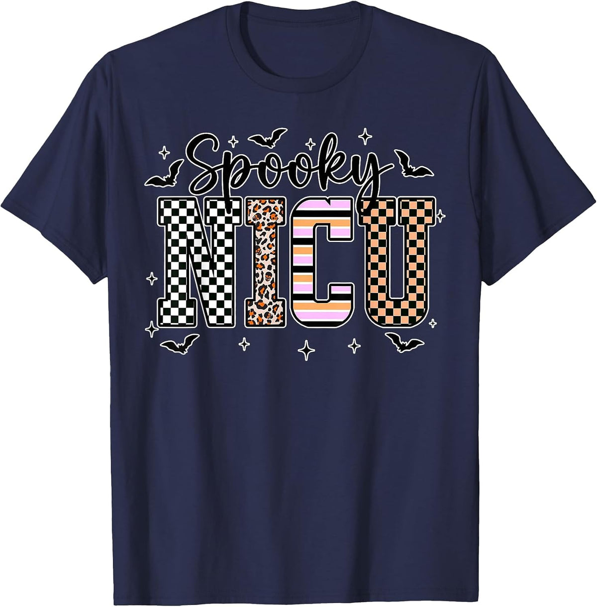 Spooky Nurse CNA NICU RN Halloween Leopard Checkered Nurse T-Shirt - Navy Blue