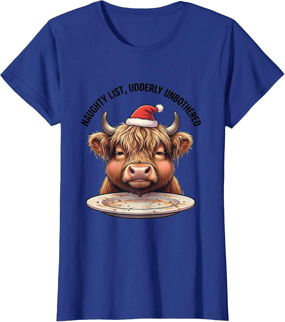 Women's Naughty List, Udderly Unbothered Cute Kawaii Highland Cow T-Shirt - Royal Blue