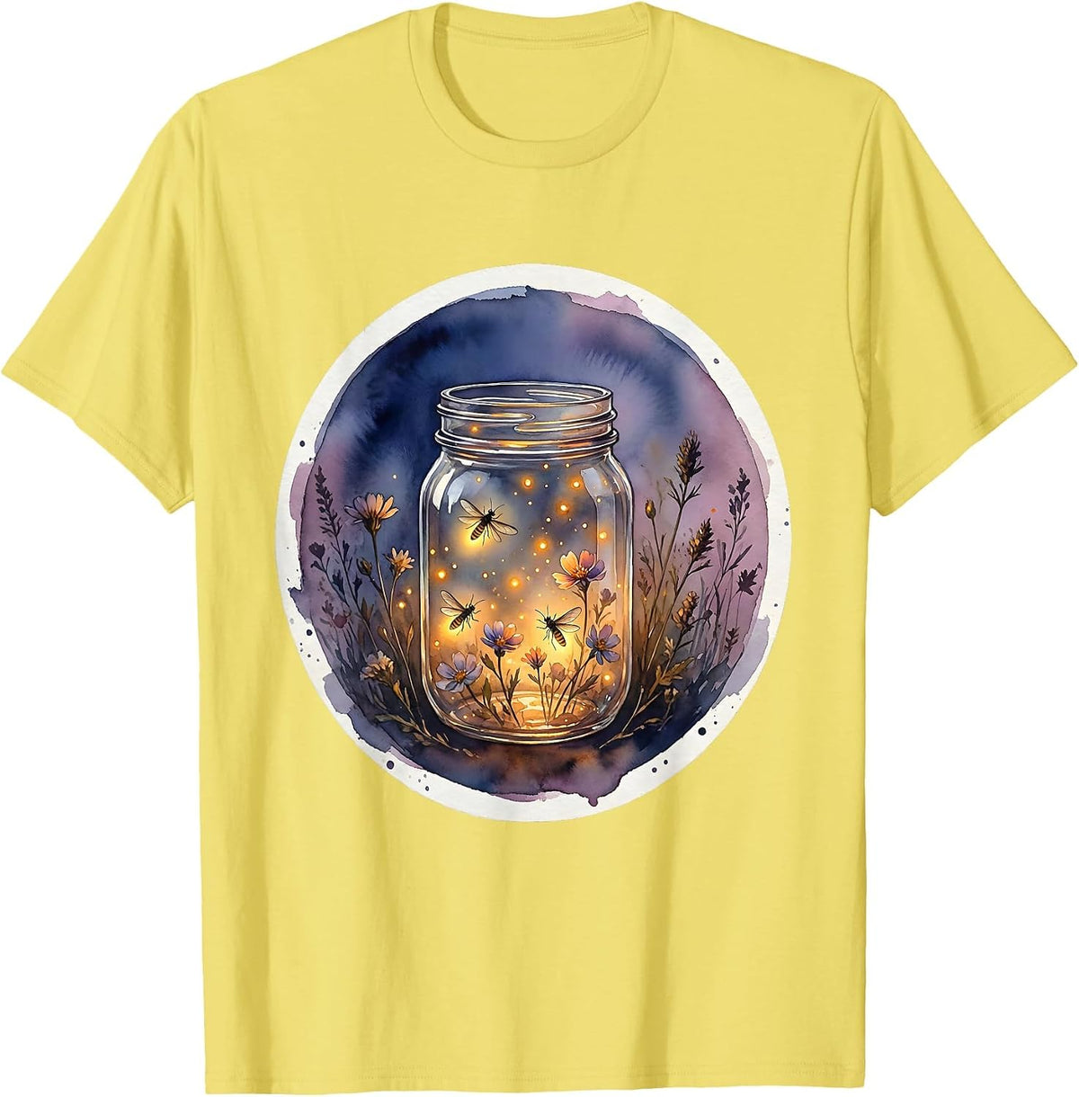 Men's Nana Mason Jar Fireflies Dusk Illustration T-Shirt - Lemon Yellow