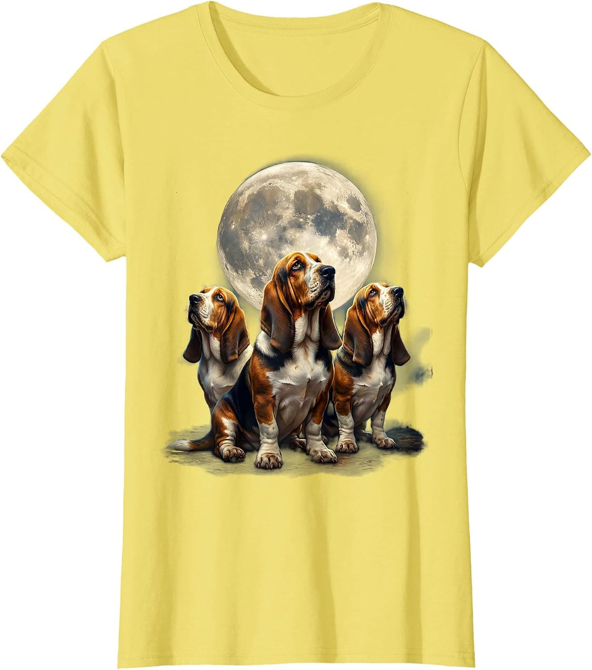 Women's Three Basset Hounds Moon Howling Funny Pet Lover Humor T-Shirt - Lemon Yellow