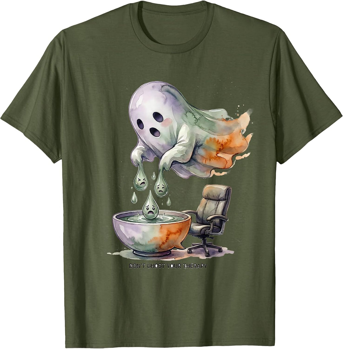 Don't Ghost Your Therapy Watercolor Ghost Mental Health T-Shirt - Olive Green