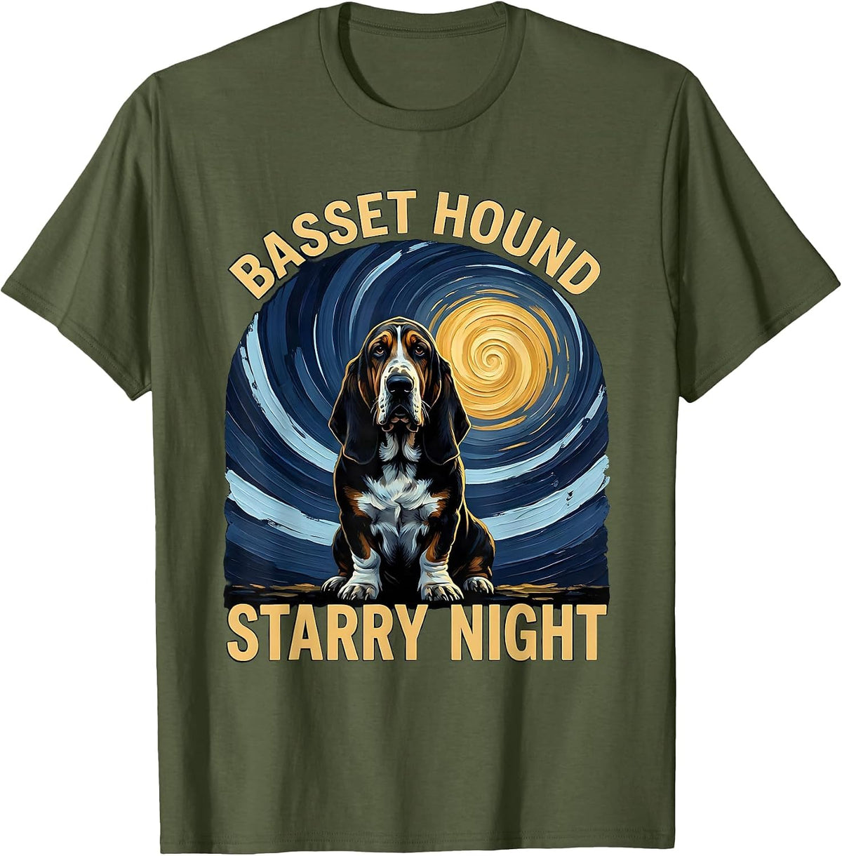 Men's Basset Hound Starry Night Whimsical Pet Lover Van Gogh T-Shirt - Olive Green
