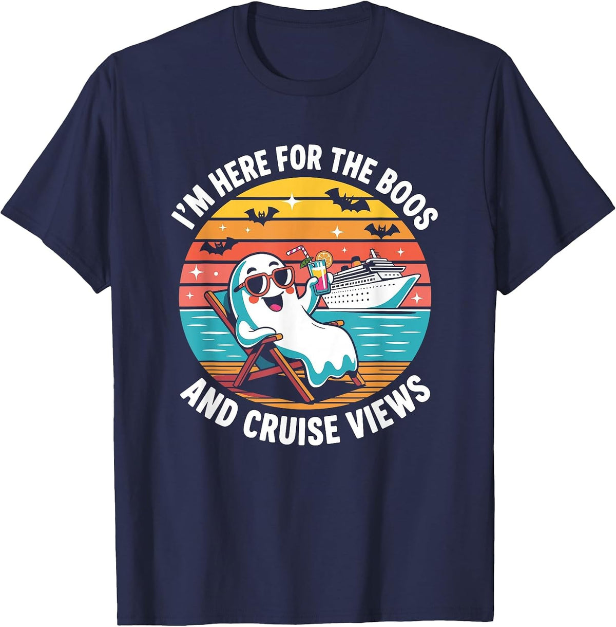 Here for The Boos and Cruise Views Halloween Party T-Shirt - Navy Blue