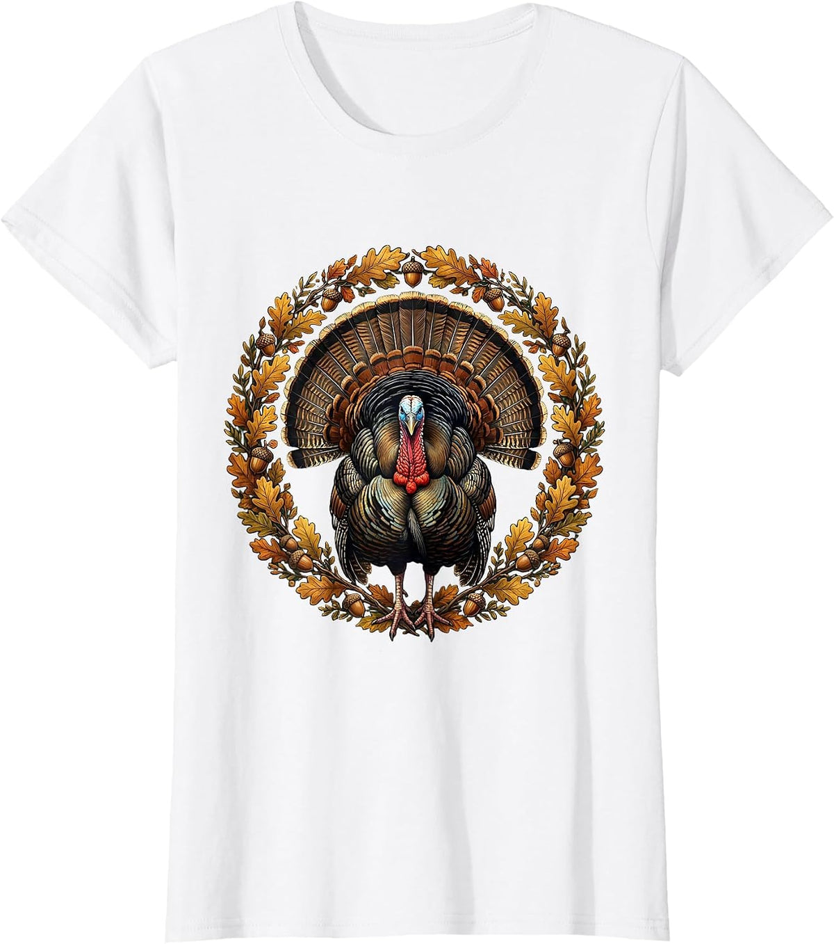 Women's Camo Turkey Strutting Autumn Underbrush Illustration T-Shirt - White