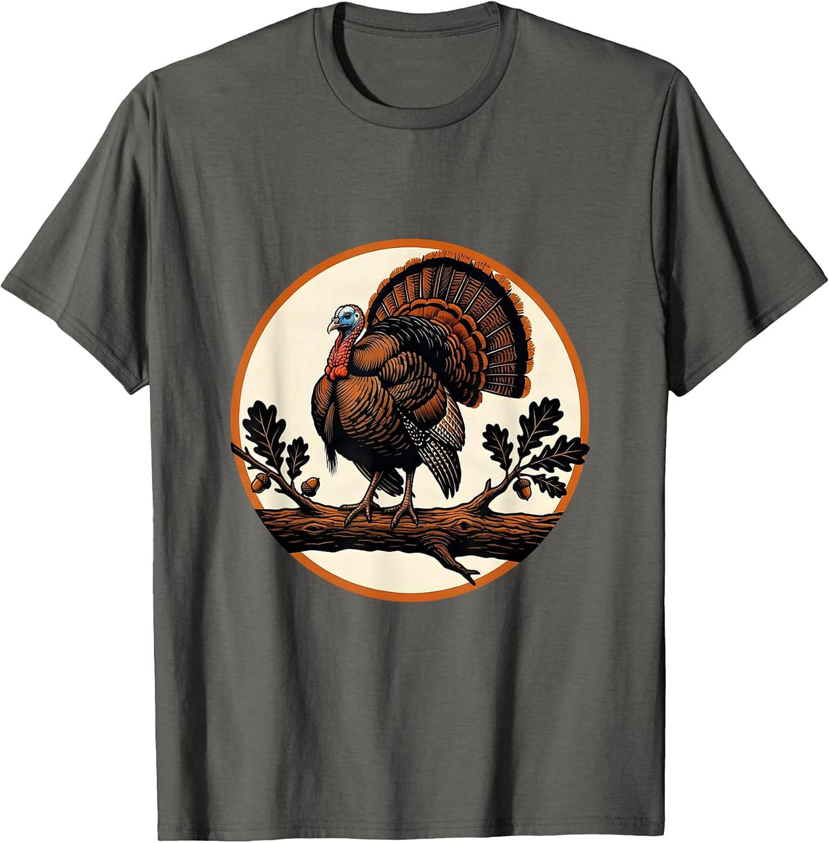 Men's Wild Turkey Perched on Oak Branch Illustration T-Shirt - Asphalt Grey