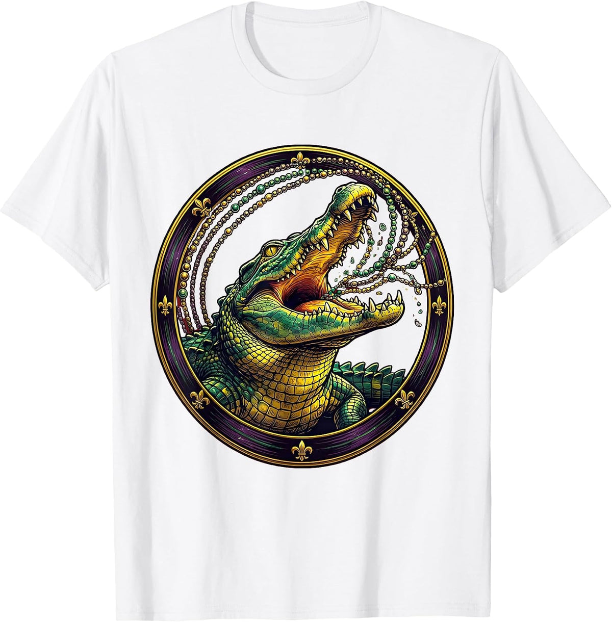 Men's Mardi Gras Alligator Catching Beads Illustration T-Shirt - White