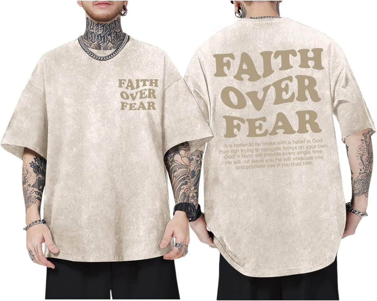 Christian Shirts for Men Faith Over Fear Oversized Tees - Apricot