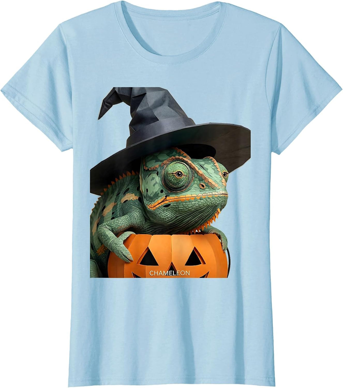 Women's Chameleon Paper Cutout Whimsical Halloween Witch Hat Animal T-Shirt - Baby Blue
