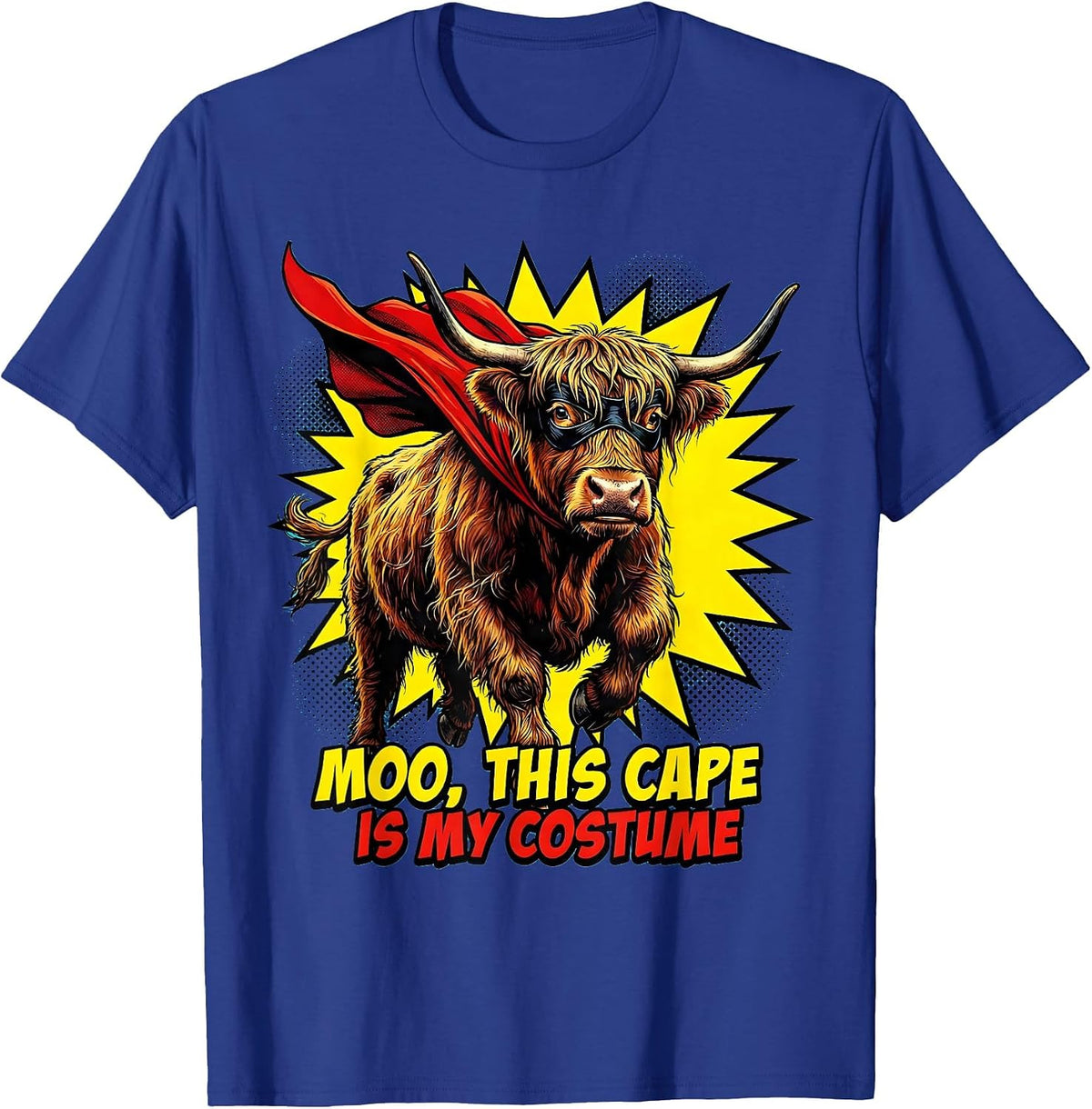 Men's Moo This Cape Is My Costume Pop Art Highland Cow Halloween T-Shirt - Royal Blue