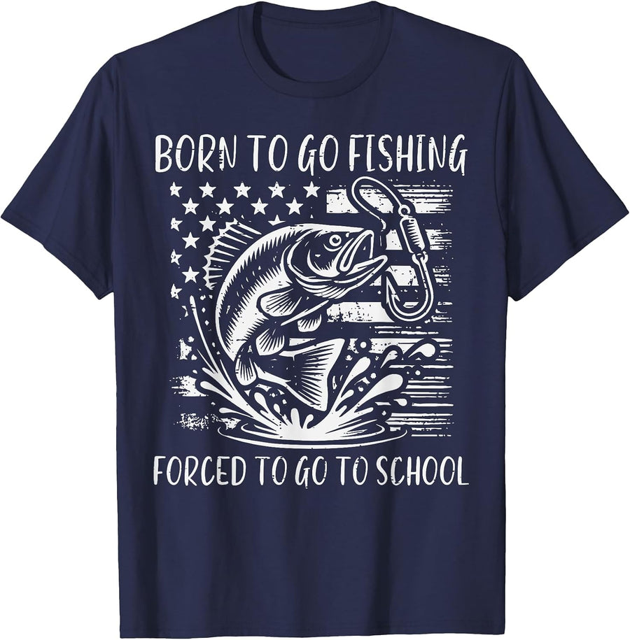 Born to Fishing School USA Flag Patriotic Men Boys Kids Teen T-Shirt - Navy Blue