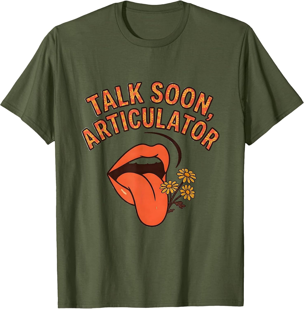 Men's Talk Soon, Articulator Retro Floral Speech Language T-Shirt - Olive Green