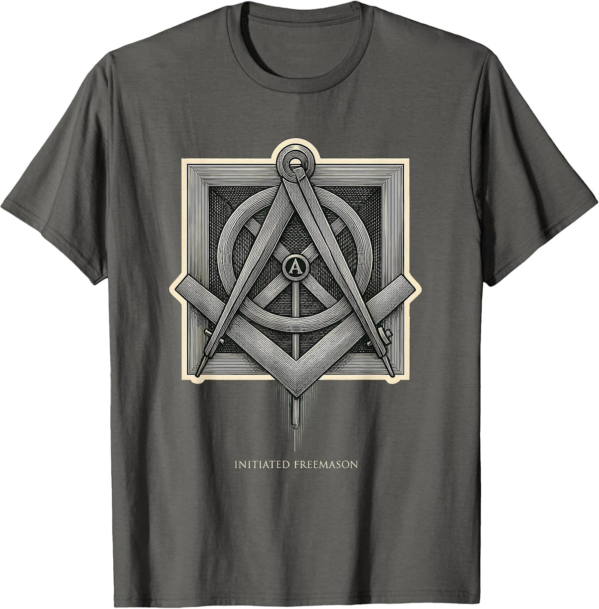 Initiated Freemason Crosshatch Etching Masonic Square T-Shirt - Asphalt Grey