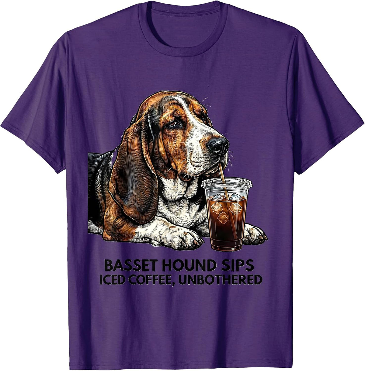 Men's Basset Hound Sips Iced Coffee, Unbothered Funny T-Shirt - Purple