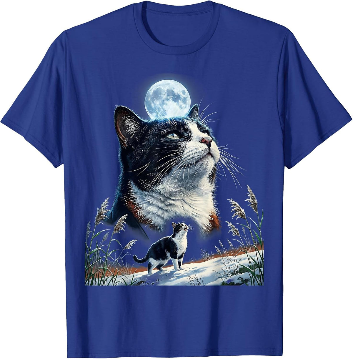 Tuxedo Cat Howling at Moon 90's Retro T-Shirt - Royal Blue