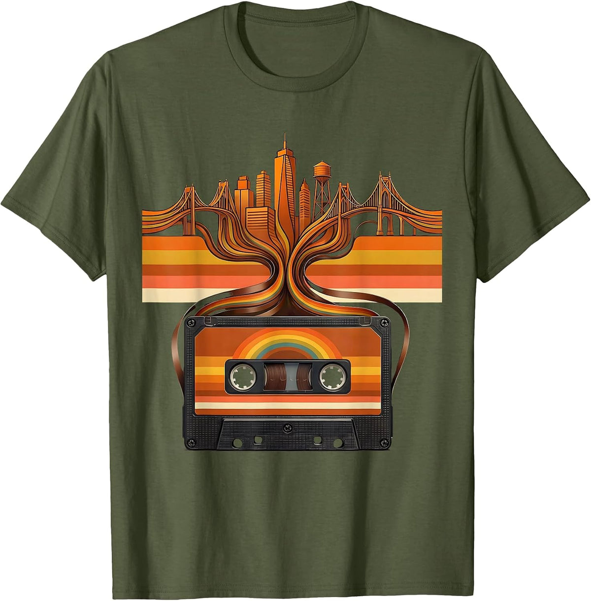 Men's Hip Hop Cassette Tape City Skyline Graphic T-Shirt - Olive Green