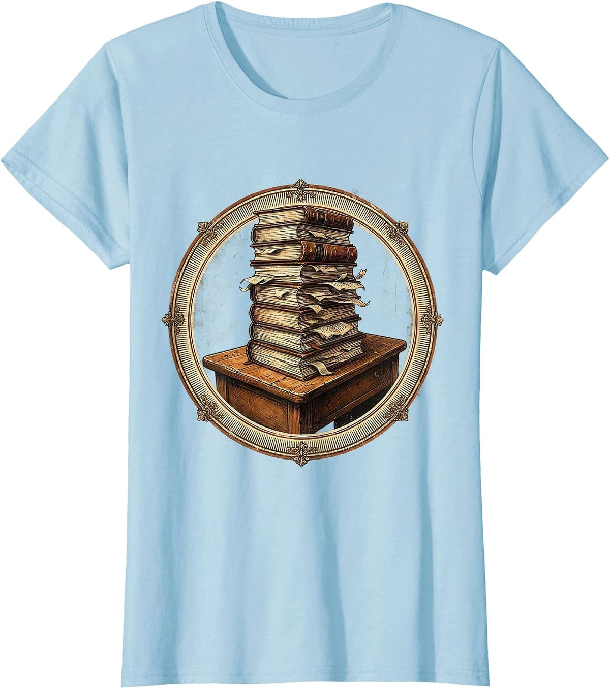 Reading Teacher Overflowing Books Desk Graphic T-Shirt - Baby Blue