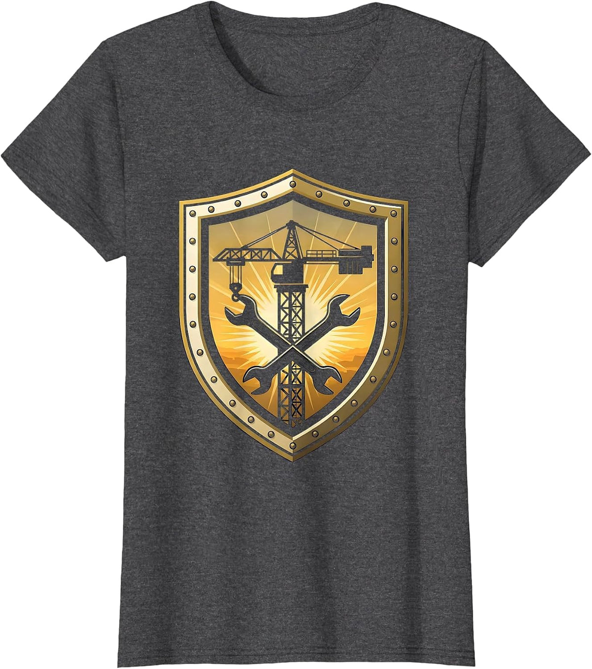 Women's Construction Crane Silhouette Labor Day Dusk Design T-Shirt - Dark Heather Grey