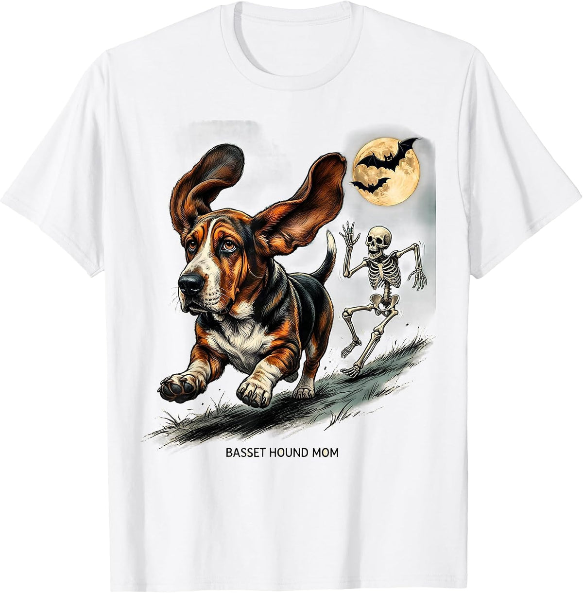 Men's Basset Hound Mom Funny Skeleton Chasing Halloween Dog Mom T-Shirt - White