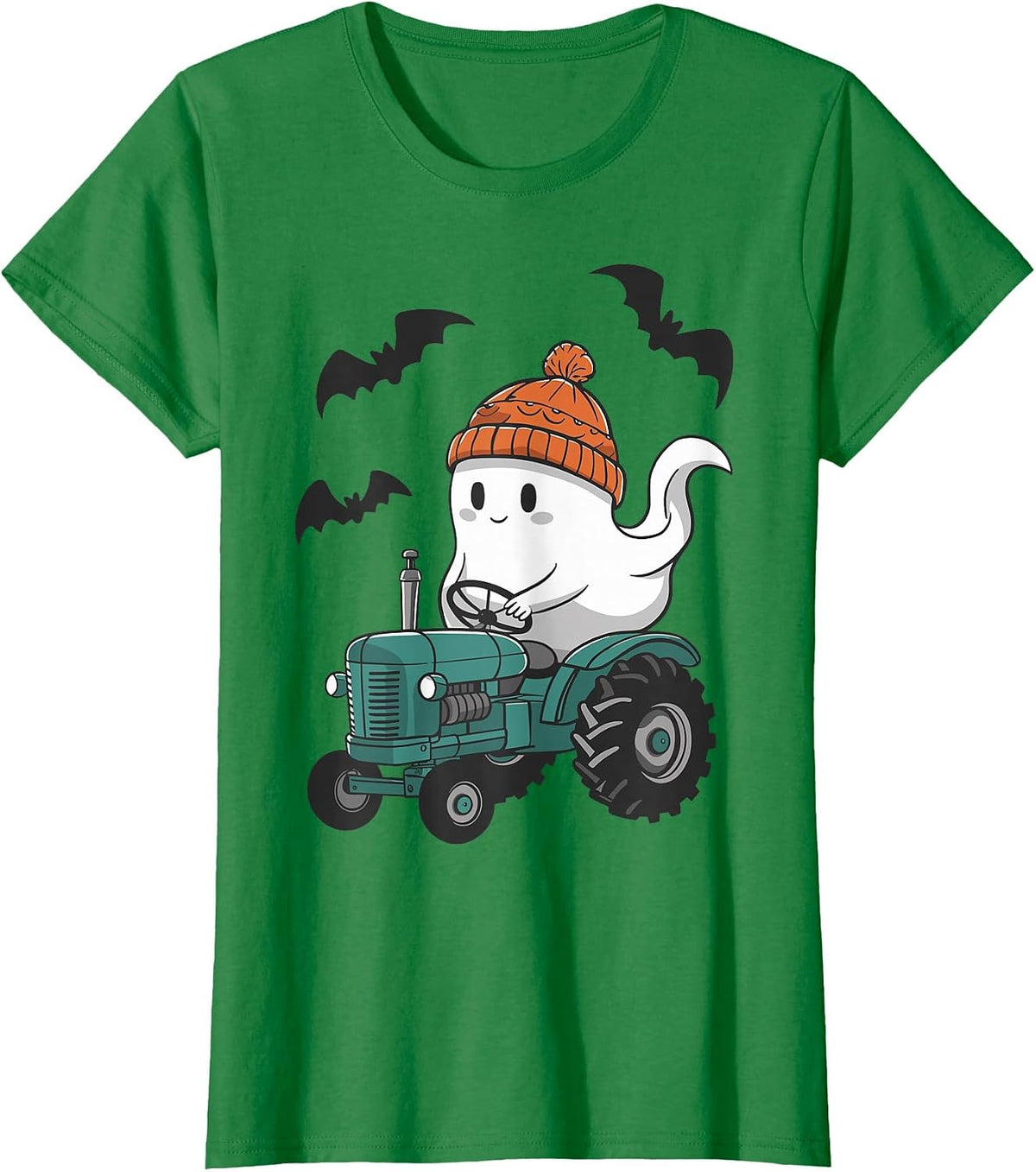 Cute Ghost Riding Tractor Lovers Spooky Halloween Farmer T-Shirt - Kelly Green