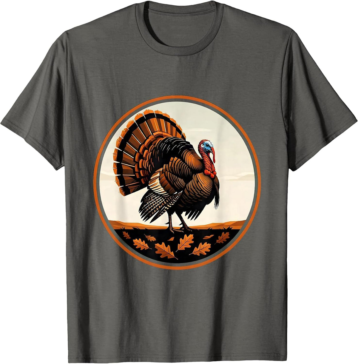 Men's Turkey Strutting Through Autumn Leaves Illustration T-Shirt - Asphalt Grey