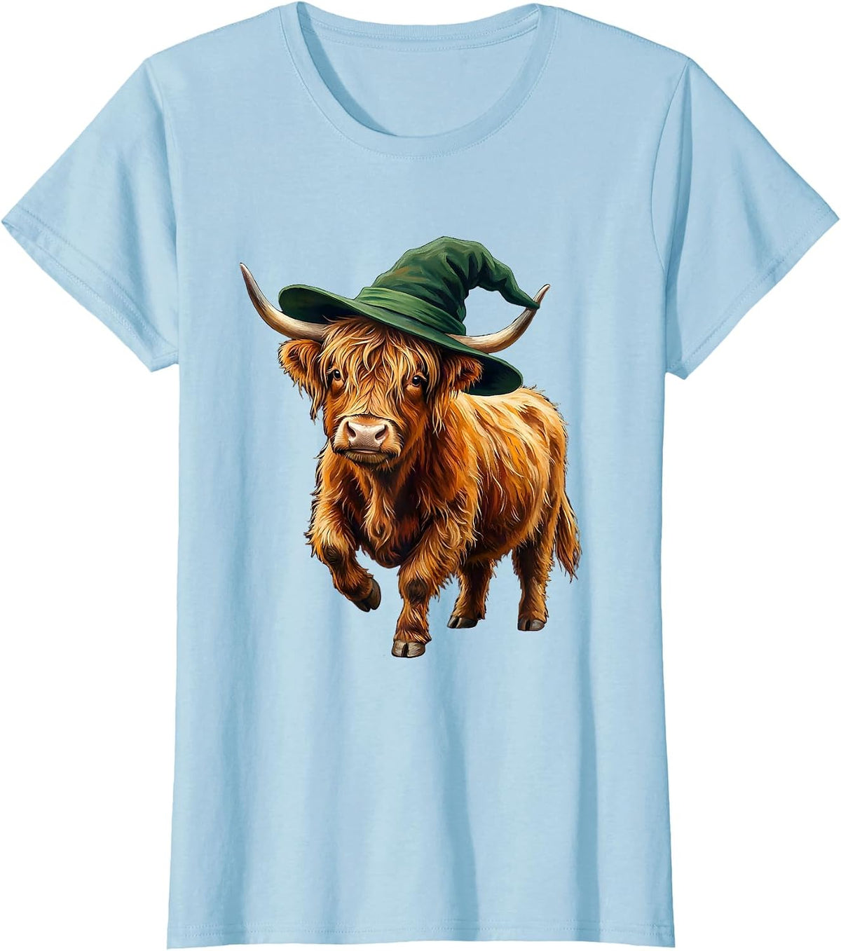 Soft Highland Cow Witch Halloween Storybook Humor T-Shirt - Baby Blue