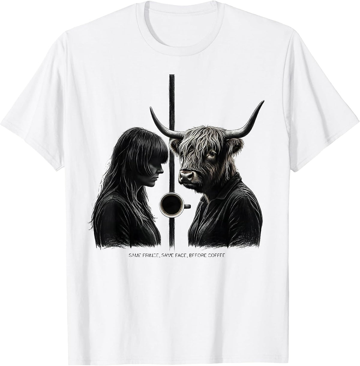 Men's Same Fringe Same Face Before Coffee Funny Highland Cow T-Shirt - White