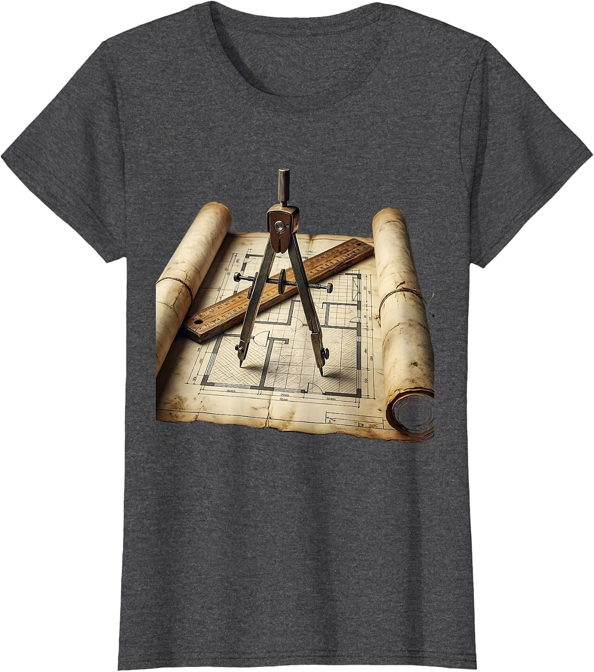 Women's Blueprint Illustration Ruler and Compass Graphic T-Shirt - Dark Heather Grey