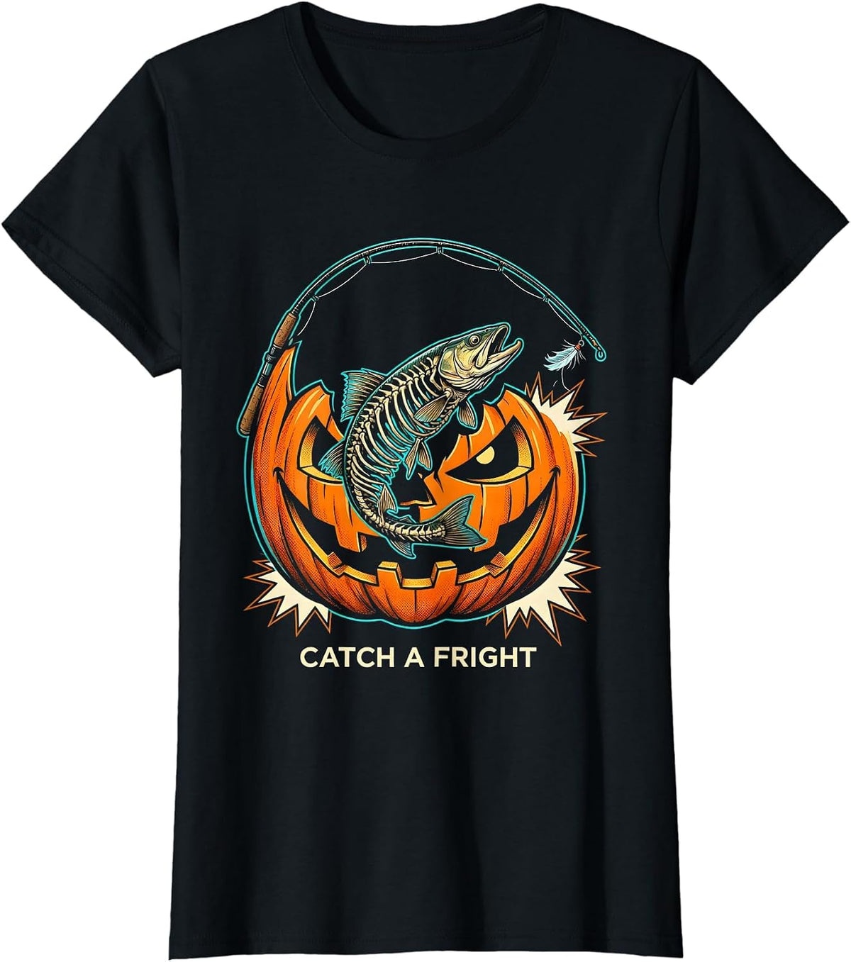 Catch a Fright Pop Art Halloween Fishing Ghost Fly Skeleton T-Shirt - Black