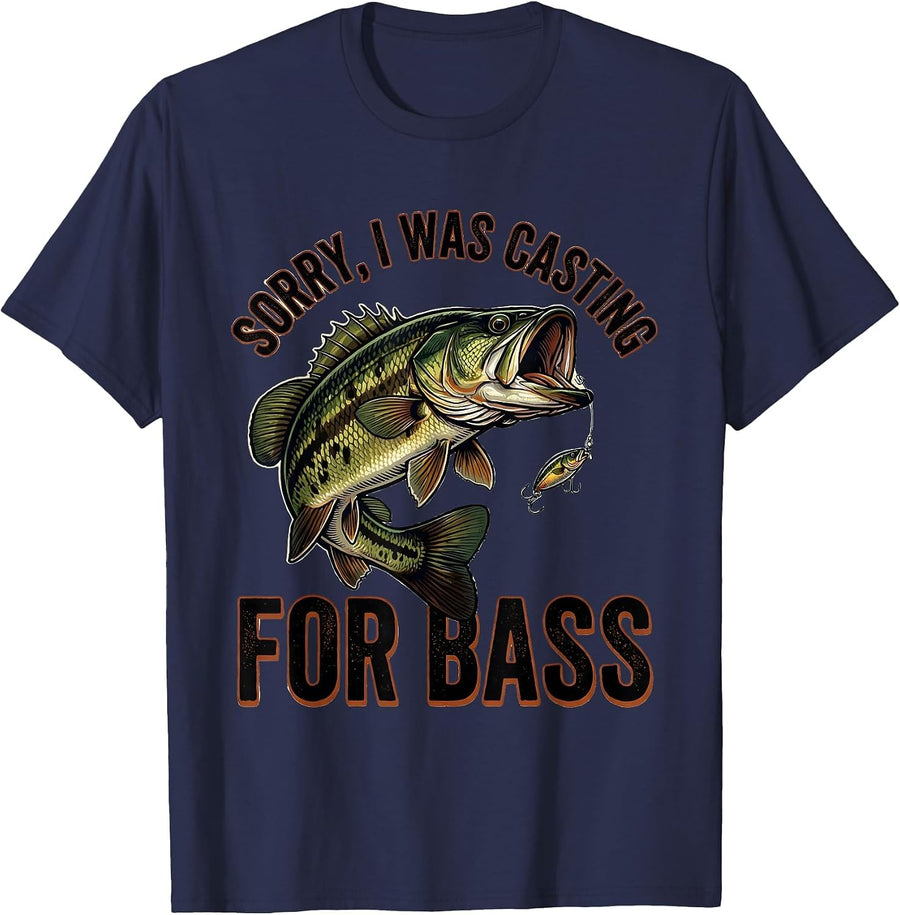 Sorry, I Was Casting For Bass Vintage Funny Bass Fishing T-Shirt - Navy Blue