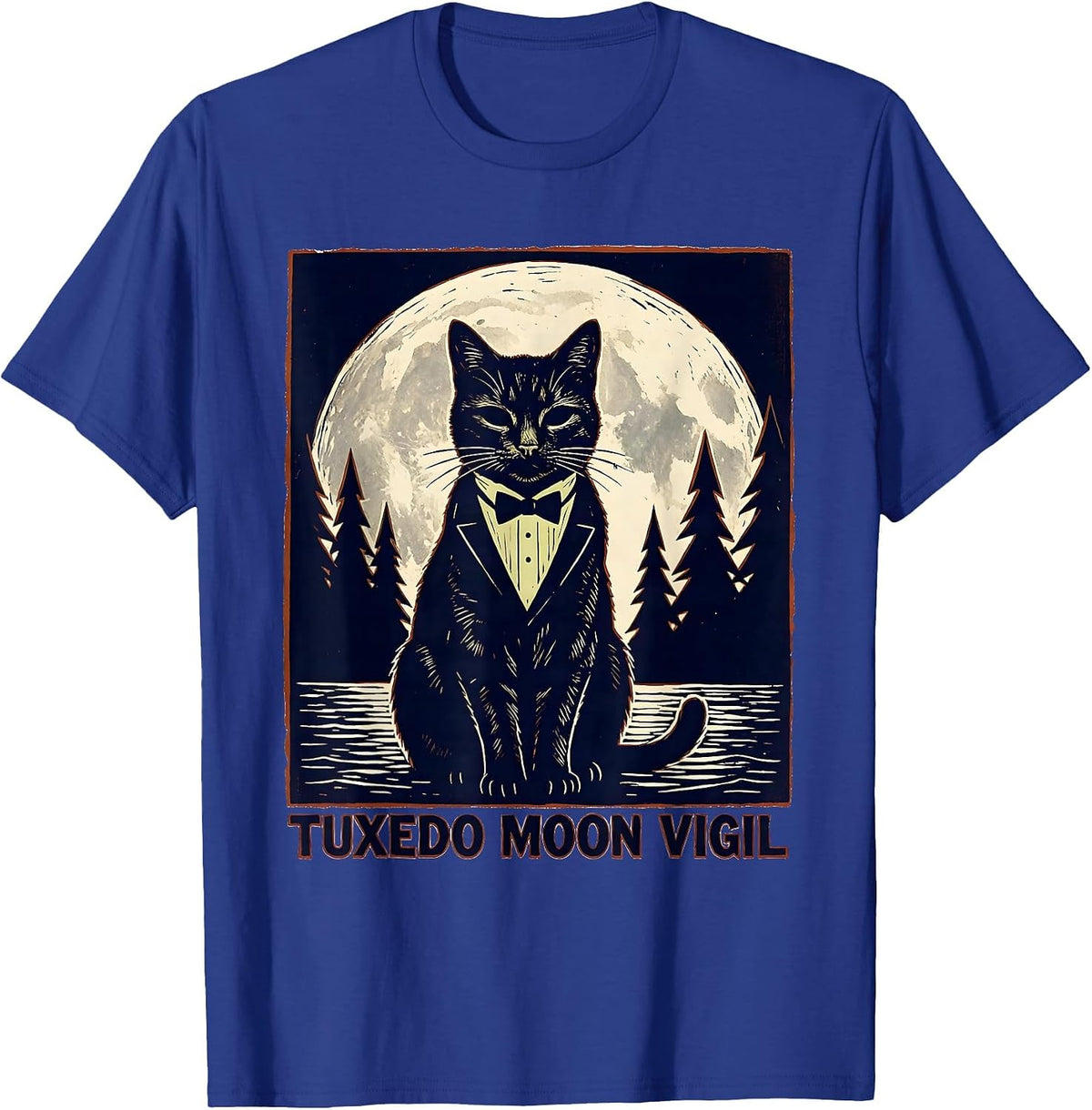 Men's Tuxedo Moon Vigil Linocut 90s Retro Tuxedo Cat Portrait T-Shirt - Royal Blue