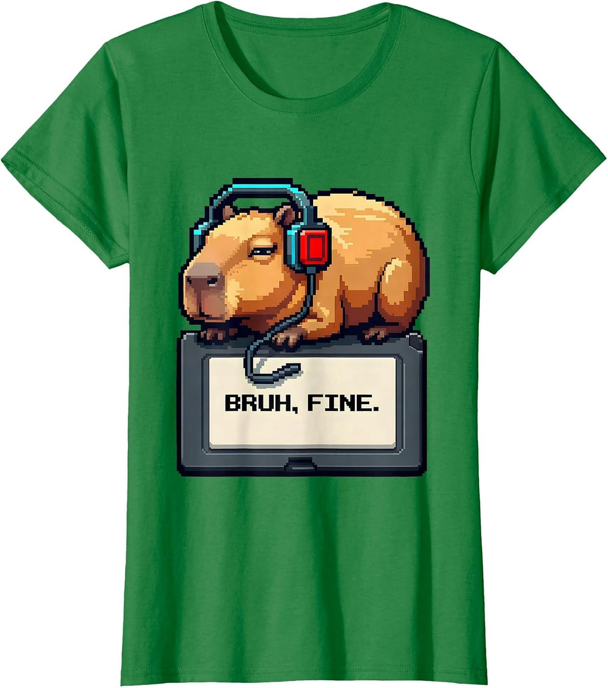 Bruh Fine Pixel Art Capybara Gamer Meme Humor T-Shirt - Kelly Green