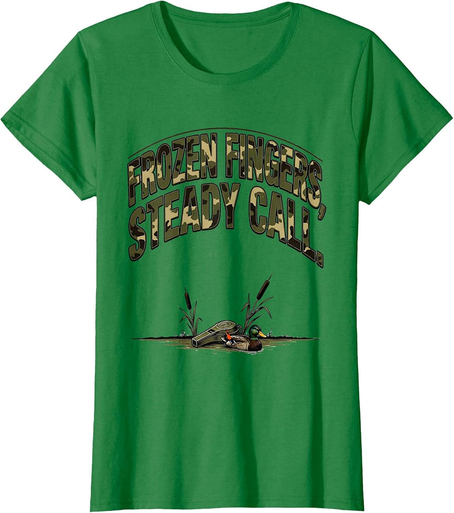 Women's Frozen Fingers Steady Call Funny Duck Hunter Hunting Dad T-Shirt - Kelly Green