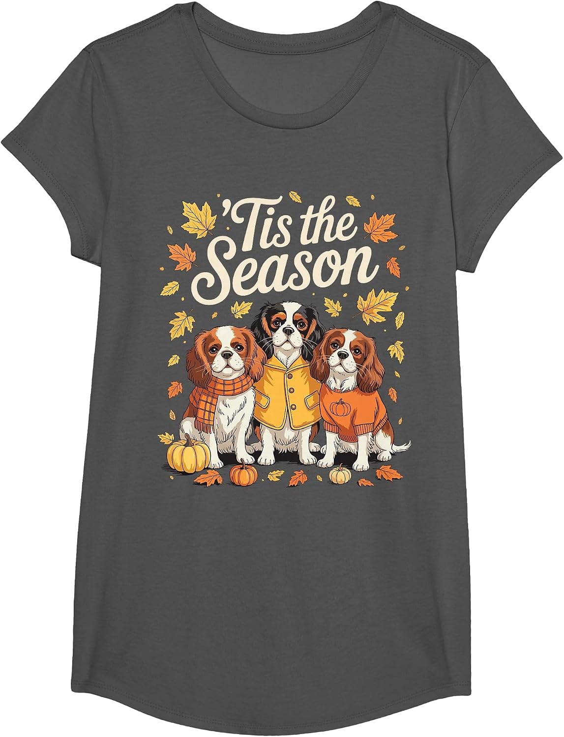 Tis The Season Cavalier King Charles Spaniel Autumn Pumpkin T-Shirt - Girls Asphalt Grey